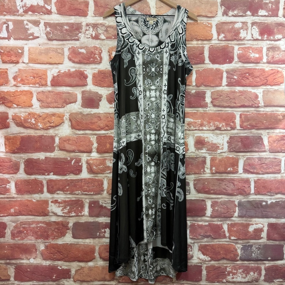 One World Dress Women's XL Black White Gray Boho Floral High Low Casual Sundress